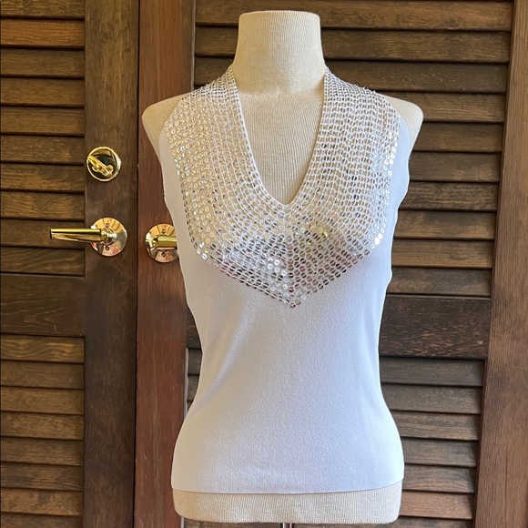 Metric Tops - White Sequined Knit Halter Top